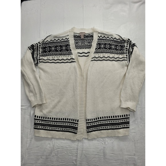 Chico's Sweaters - Chico's Cardigan Women Size Large White Black Open Front Fair Isle Pointelle
